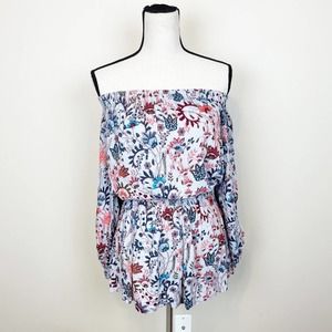 Free People | Off Shoulder Long Sleeve Blue Paisley Floral Romper Small
